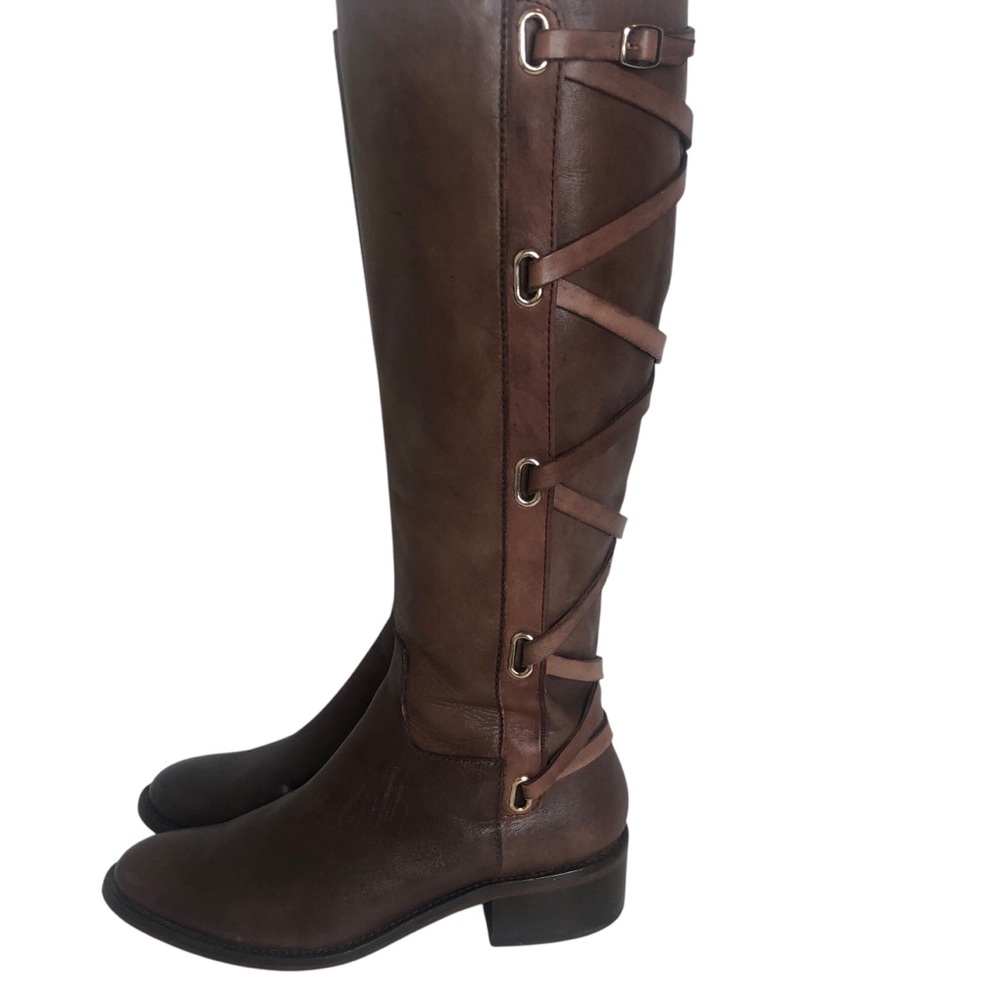 BCBG Generation Janiss Leather Riding Boots Lace up Brown Knee High Size…